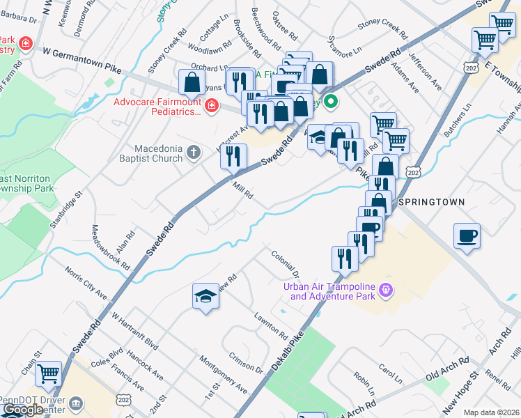 map of restaurants, bars, coffee shops, grocery stores, and more near 26 Mill Road in East Norriton