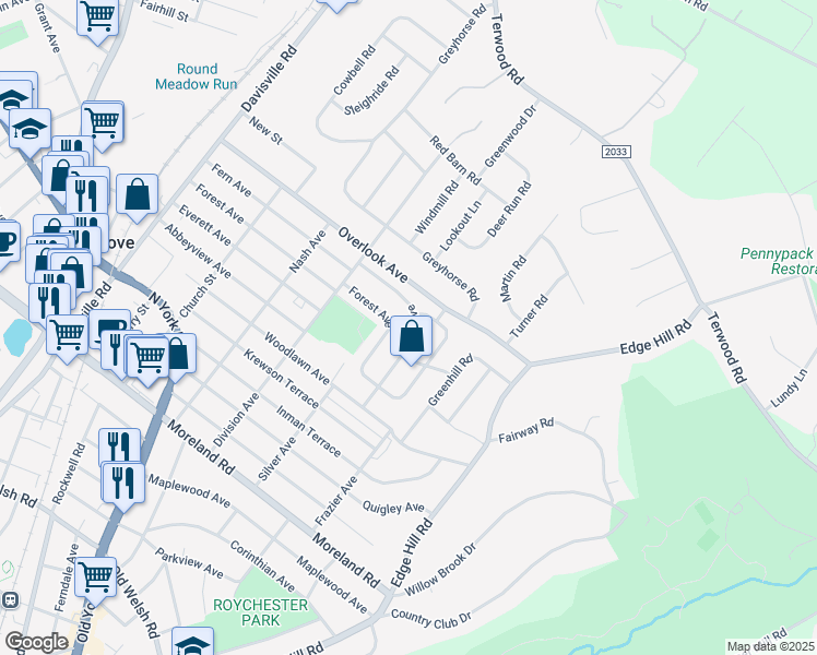 map of restaurants, bars, coffee shops, grocery stores, and more near 325 Forest Avenue in Willow Grove
