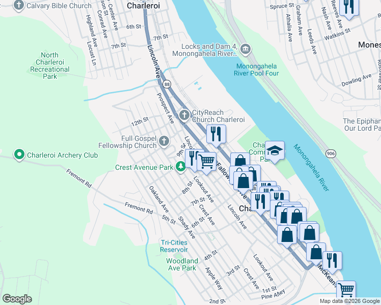 map of restaurants, bars, coffee shops, grocery stores, and more near 840 Prospect Avenue in Charleroi