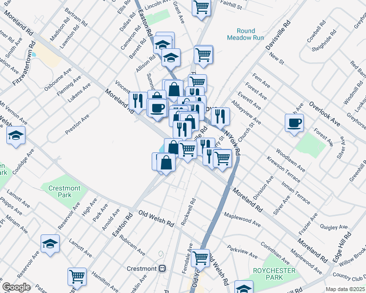map of restaurants, bars, coffee shops, grocery stores, and more near 3 Easton Road in Willow Grove