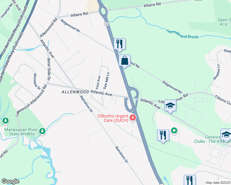 map of restaurants, bars, coffee shops, grocery stores, and more near 3010 Atlantic Avenue in Wall Township
