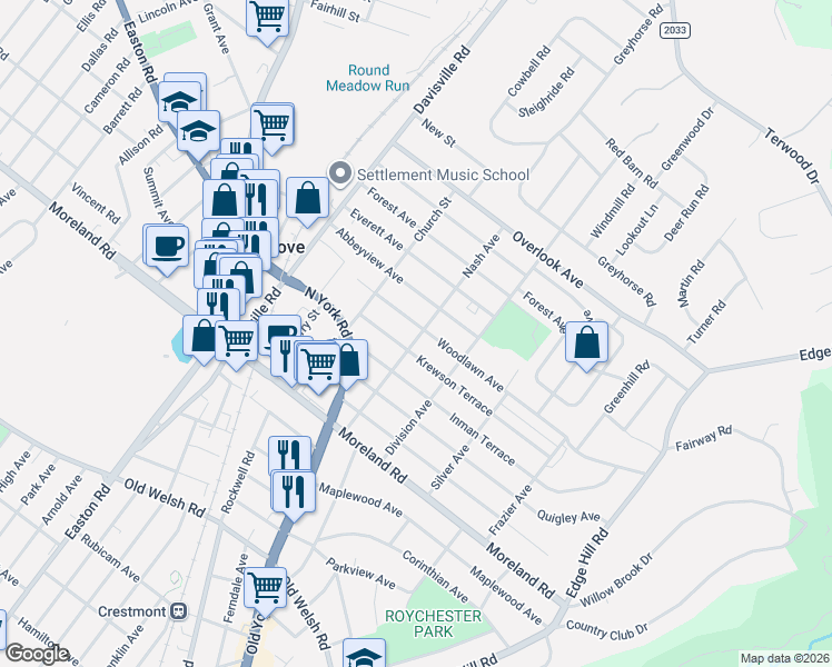 map of restaurants, bars, coffee shops, grocery stores, and more near 122 Woodlawn Ave in Willow Grove