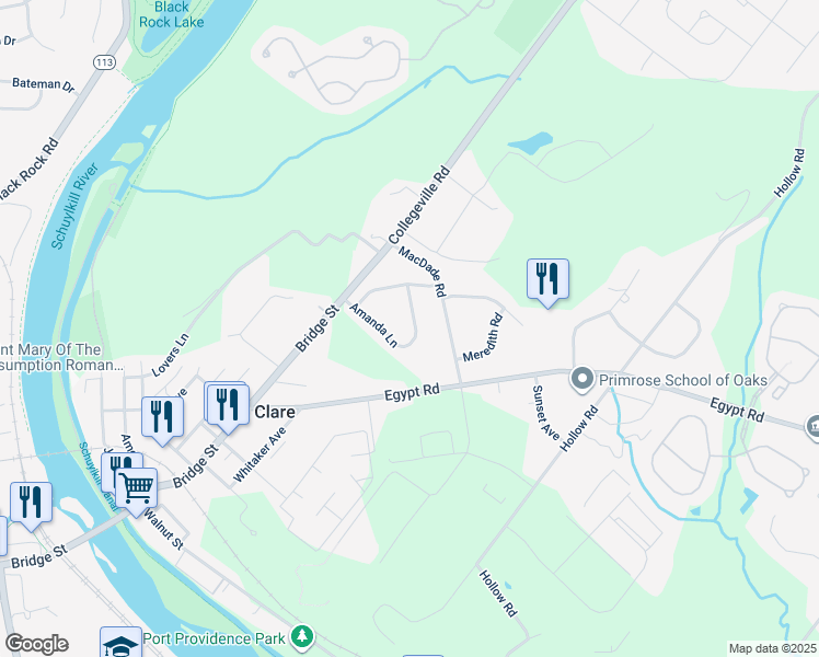 map of restaurants, bars, coffee shops, grocery stores, and more near 221 Amanda Lane in Phoenixville