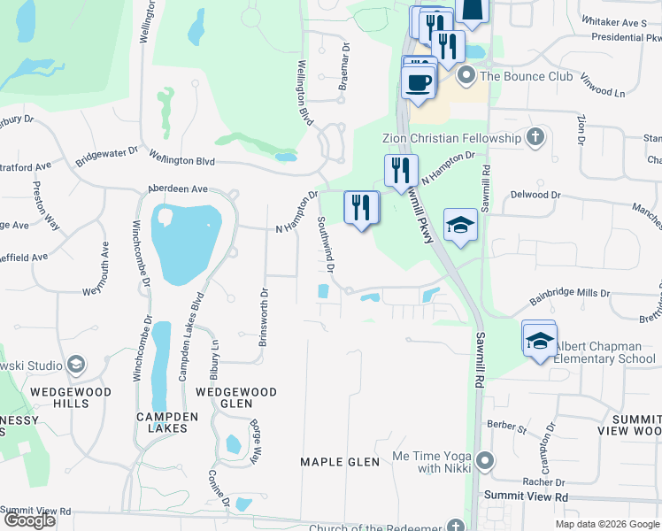 map of restaurants, bars, coffee shops, grocery stores, and more near 10879 Southwind Drive in Powell