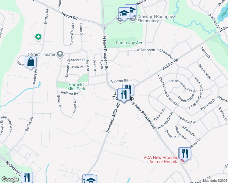 map of restaurants, bars, coffee shops, grocery stores, and more near 14 North New Prospect Road in Jackson Township