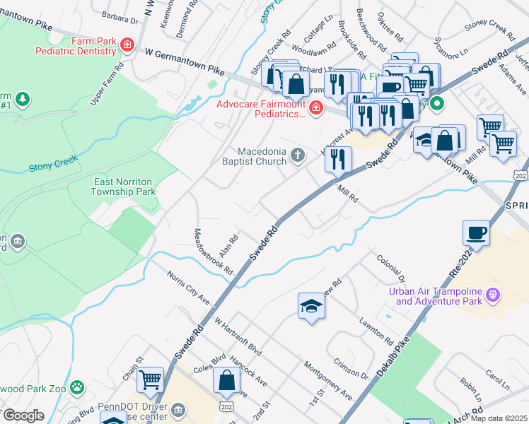 map of restaurants, bars, coffee shops, grocery stores, and more near 2536 Terrace Drive in East Norriton