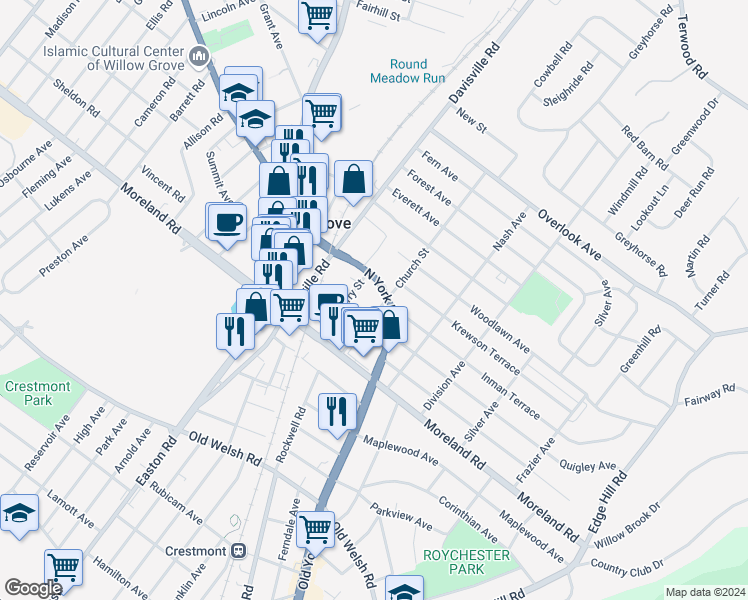 map of restaurants, bars, coffee shops, grocery stores, and more near 34 North York Road in Willow Grove