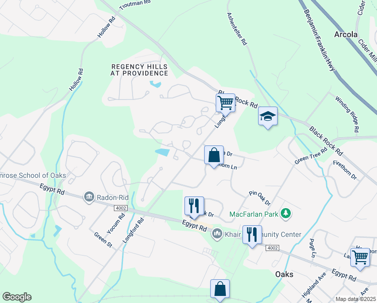 map of restaurants, bars, coffee shops, grocery stores, and more near 1 Victoria Circle in Collegeville