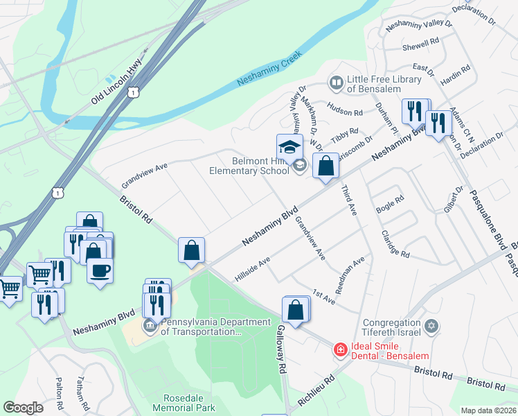 map of restaurants, bars, coffee shops, grocery stores, and more near 4809 Overland Road in Bensalem