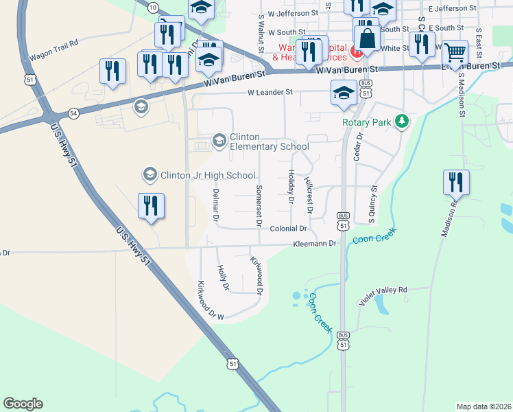 map of restaurants, bars, coffee shops, grocery stores, and more near 1 Bellaire Court in Clinton