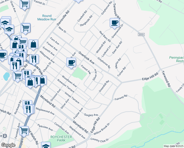 map of restaurants, bars, coffee shops, grocery stores, and more near 325 Forest Avenue in Willow Grove