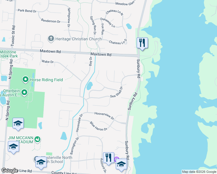 map of restaurants, bars, coffee shops, grocery stores, and more near 1164 Lake Point Drive in Westerville