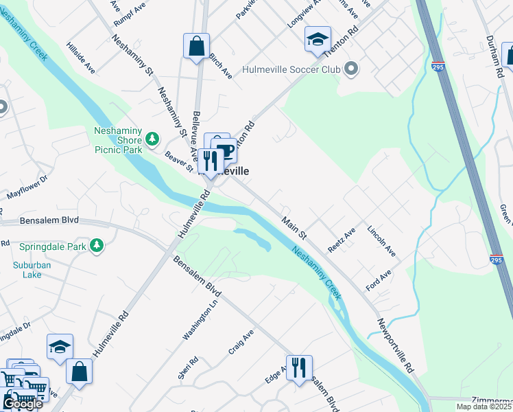 map of restaurants, bars, coffee shops, grocery stores, and more near 312 Main Street in Hulmeville
