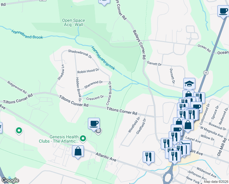 map of restaurants, bars, coffee shops, grocery stores, and more near 2112 Crystal Brook Drive in Wall Township