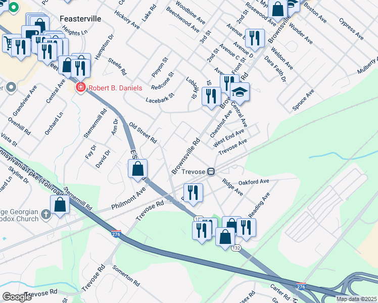 map of restaurants, bars, coffee shops, grocery stores, and more near Ridge Avenue in Trevose