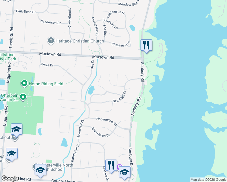map of restaurants, bars, coffee shops, grocery stores, and more near 1164 Lake Point Drive in Westerville