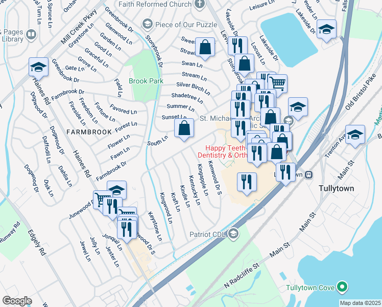 map of restaurants, bars, coffee shops, grocery stores, and more near 77 Kingapple Lane in Levittown
