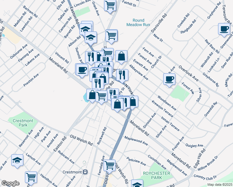 map of restaurants, bars, coffee shops, grocery stores, and more near 30 Cherry Street in Willow Grove