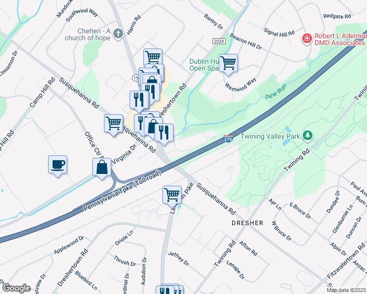 map of restaurants, bars, coffee shops, grocery stores, and more near 816 Dresher Woods Drive in Dresher