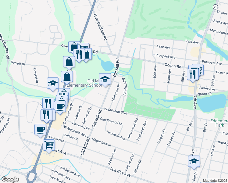 map of restaurants, bars, coffee shops, grocery stores, and more near 2127 Millbrook Rd in Sea Girt