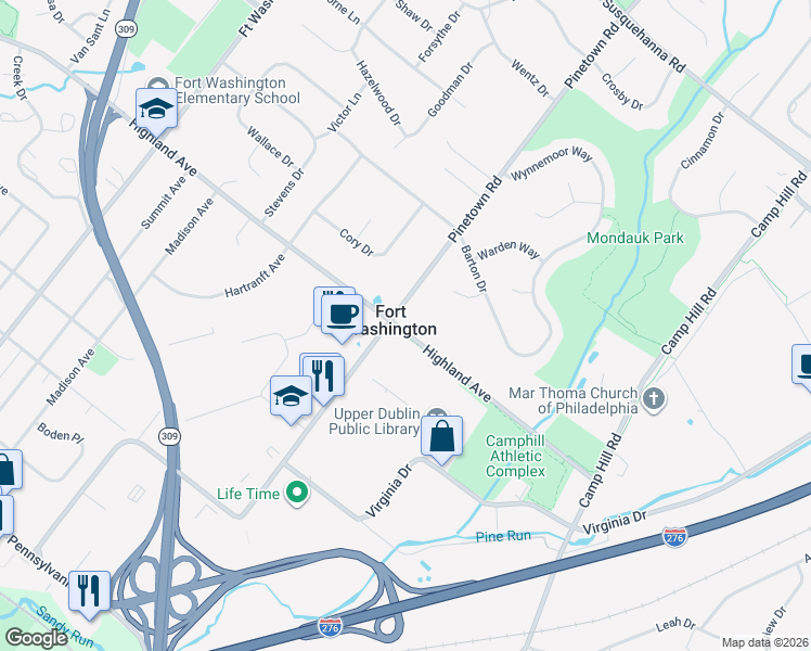 map of restaurants, bars, coffee shops, grocery stores, and more near 1402 Highland Avenue in Fort Washington