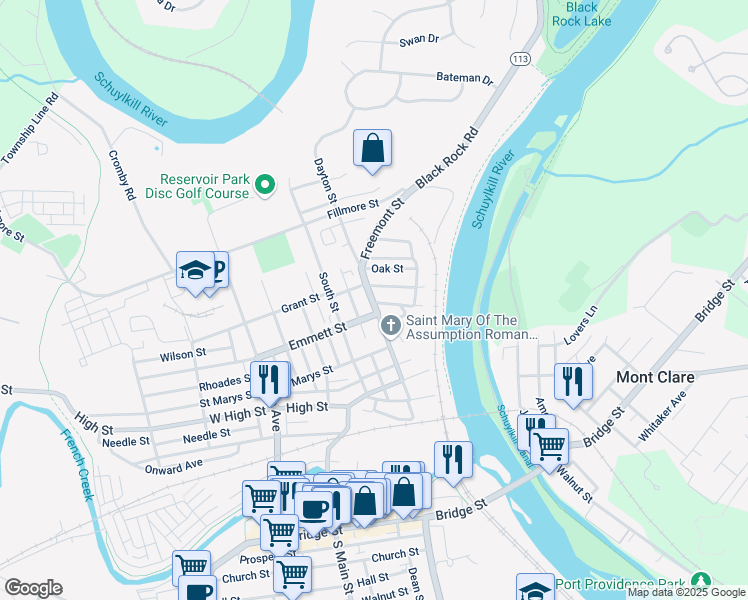map of restaurants, bars, coffee shops, grocery stores, and more near 313 Dayton Street in Phoenixville