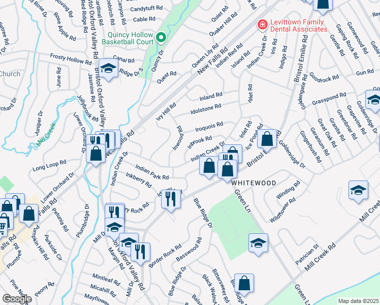 map of restaurants, bars, coffee shops, grocery stores, and more near 12 Inbrook Road in Levittown