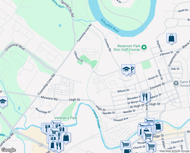 map of restaurants, bars, coffee shops, grocery stores, and more near Simmons Alley in Phoenixville