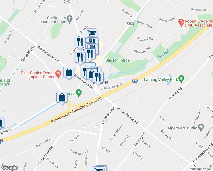 map of restaurants, bars, coffee shops, grocery stores, and more near 207 Dresher Woods Drive in Dresher