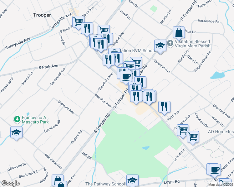 map of restaurants, bars, coffee shops, grocery stores, and more near 10 Oakdale Avenue in Eagleville