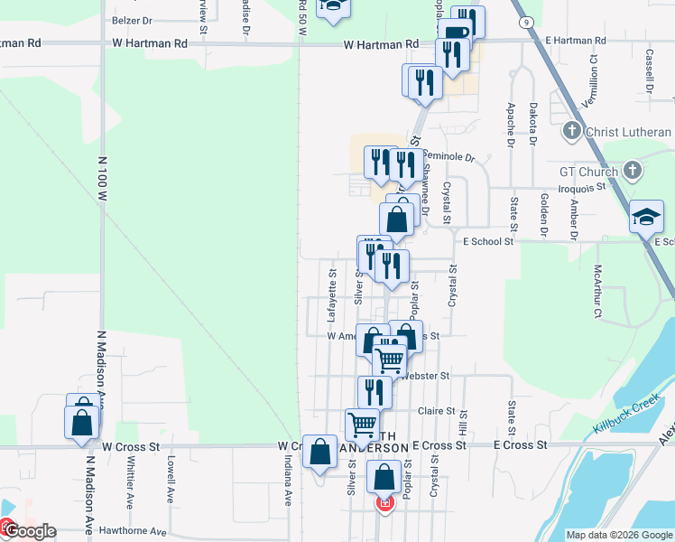 map of restaurants, bars, coffee shops, grocery stores, and more near 2440 Lafayette Street in Anderson