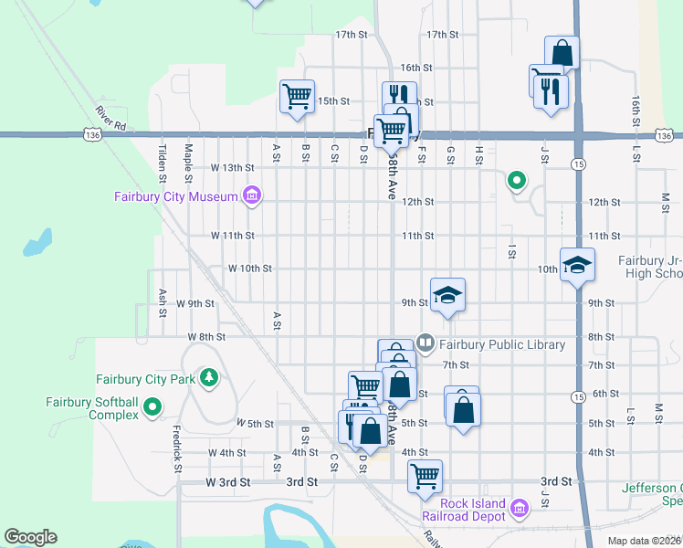map of restaurants, bars, coffee shops, grocery stores, and more near 928 C Street in Fairbury