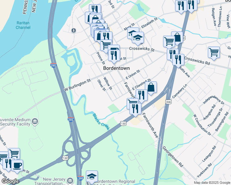 map of restaurants, bars, coffee shops, grocery stores, and more near 525 Willow Street in Bordentown