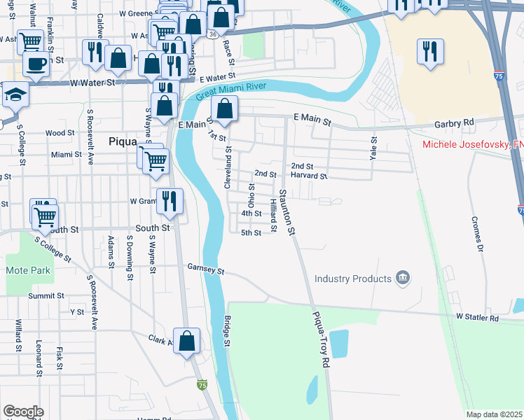 map of restaurants, bars, coffee shops, grocery stores, and more near 312 4th Street in Piqua