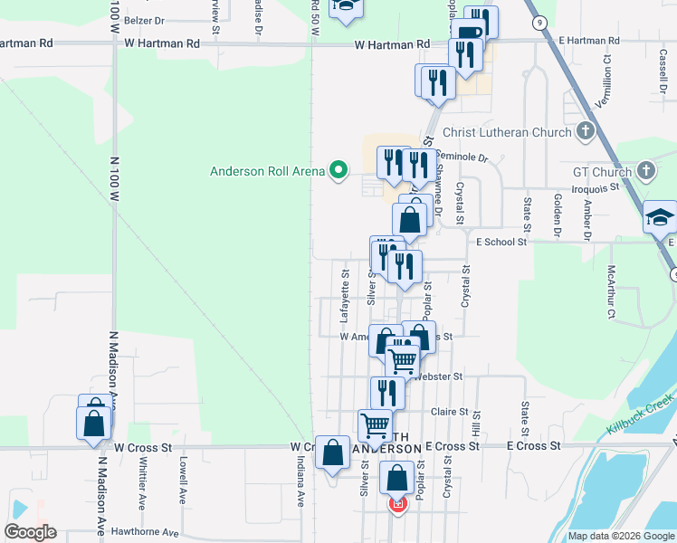map of restaurants, bars, coffee shops, grocery stores, and more near 2437 Lafayette Street in Anderson