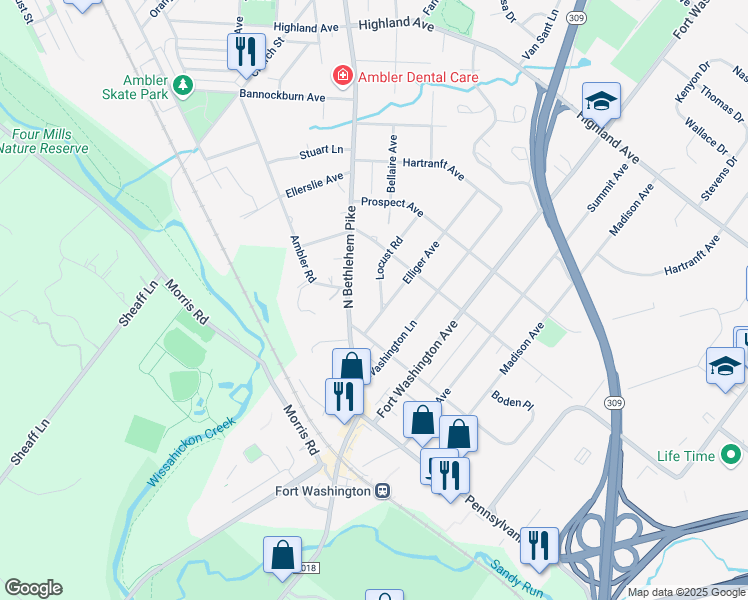 map of restaurants, bars, coffee shops, grocery stores, and more near 210 Locust Road in Fort Washington