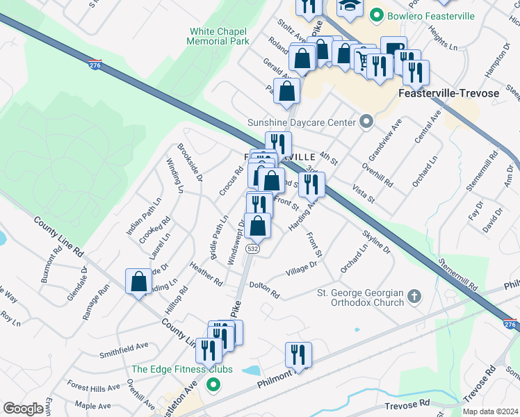 map of restaurants, bars, coffee shops, grocery stores, and more near 244 Bustleton Pike in Feasterville-Trevose