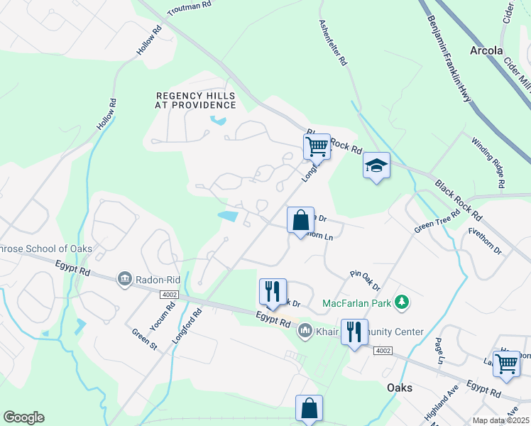 map of restaurants, bars, coffee shops, grocery stores, and more near 2 Victoria Circle in Collegeville