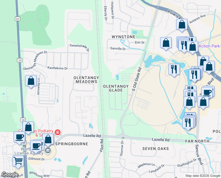 map of restaurants, bars, coffee shops, grocery stores, and more near 8631 Clover Glade Drive in Lewis Center