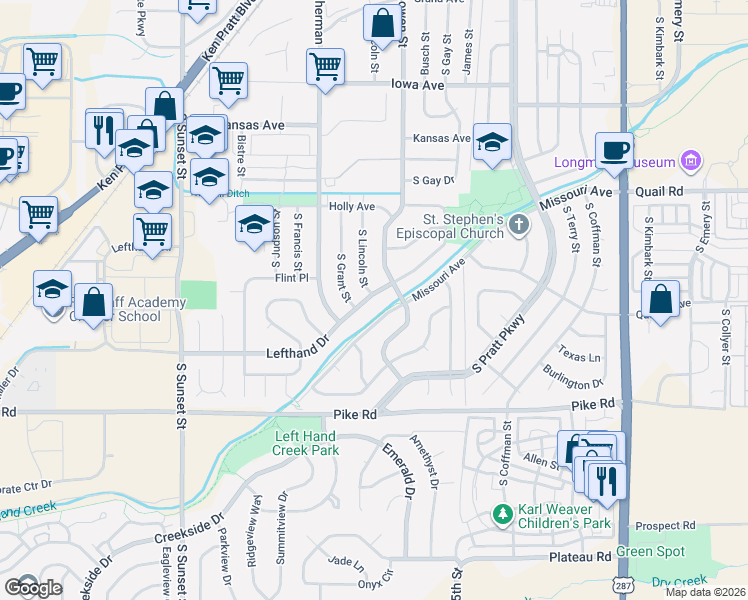 map of restaurants, bars, coffee shops, grocery stores, and more near 1301 Lefthand Drive in Longmont