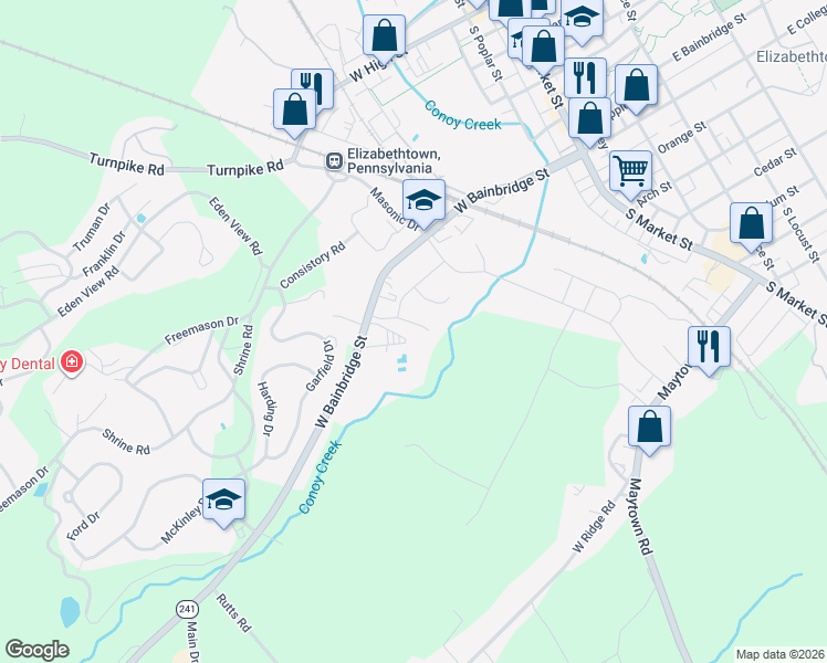 map of restaurants, bars, coffee shops, grocery stores, and more near 50 Beech Lane in Elizabethtown