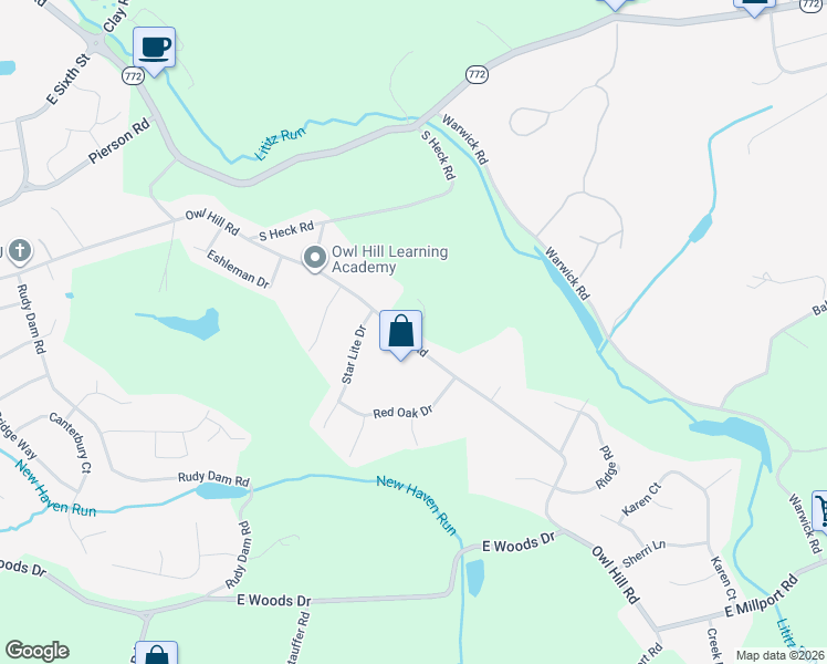 map of restaurants, bars, coffee shops, grocery stores, and more near 3 Owl Hill Road in Lititz