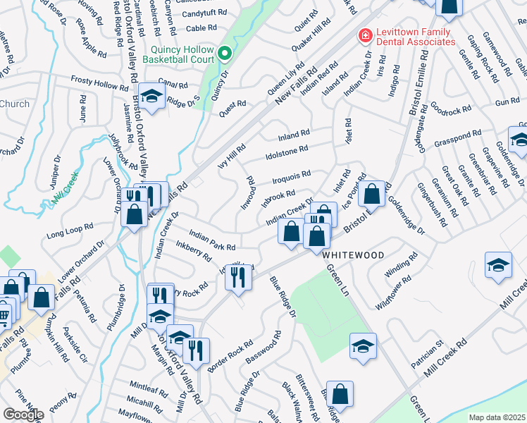 map of restaurants, bars, coffee shops, grocery stores, and more near 12 Inbrook Road in Levittown