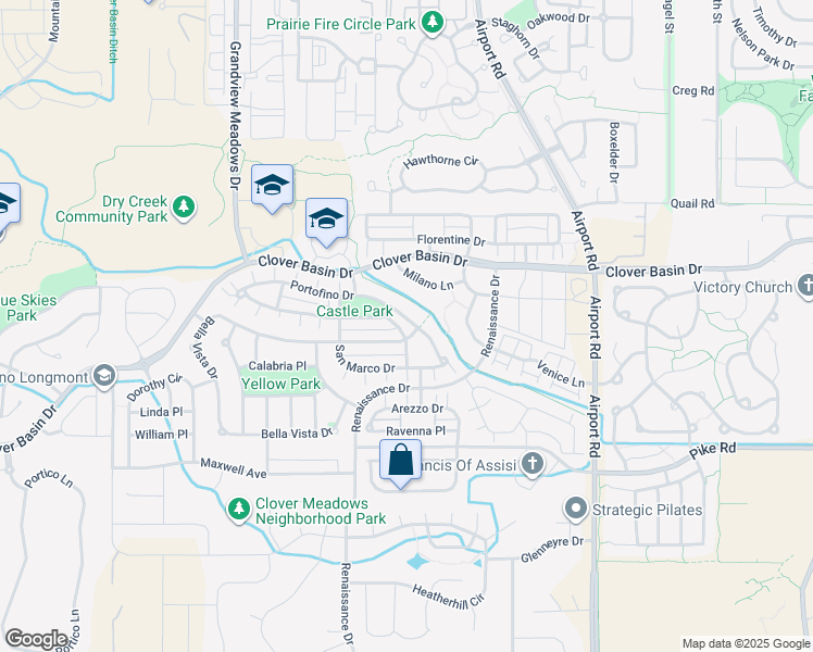 map of restaurants, bars, coffee shops, grocery stores, and more near 4115 Portofino Drive in Longmont