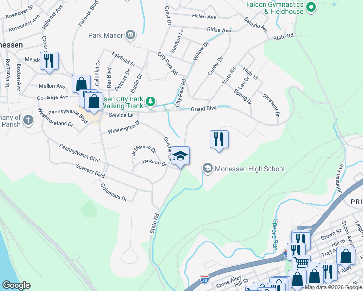 map of restaurants, bars, coffee shops, grocery stores, and more near 1212 State Road in Monessen