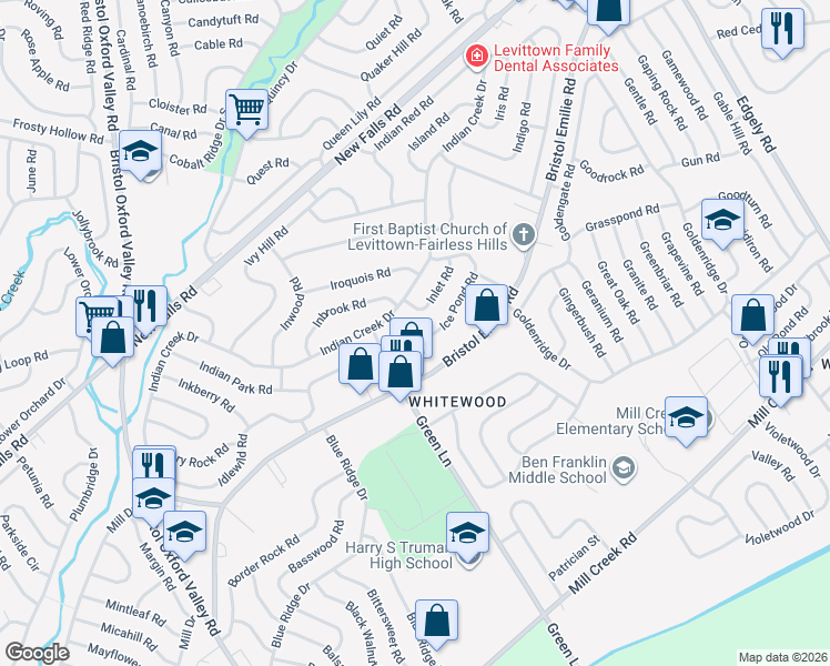 map of restaurants, bars, coffee shops, grocery stores, and more near 17 Ice Pond Road in Levittown