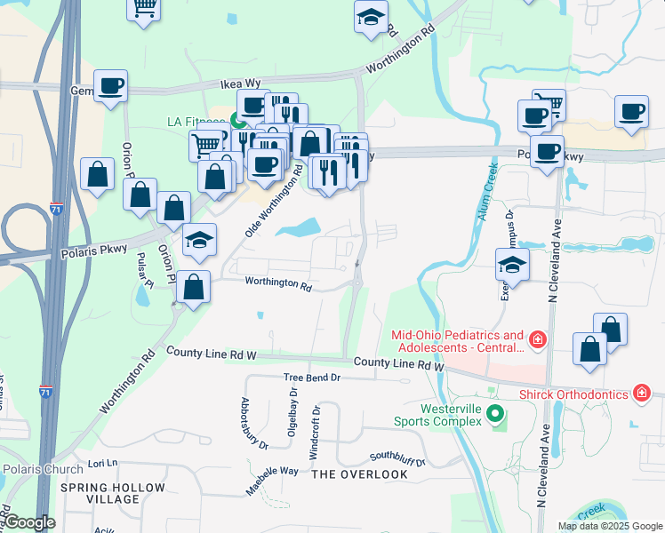 map of restaurants, bars, coffee shops, grocery stores, and more near 808 Warwick Drive in Westerville