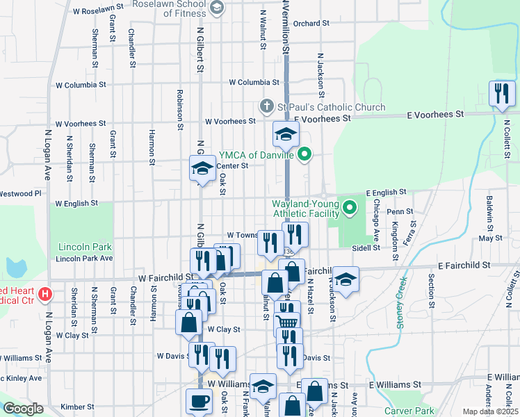 map of restaurants, bars, coffee shops, grocery stores, and more near 1027 North Walnut Street in Danville