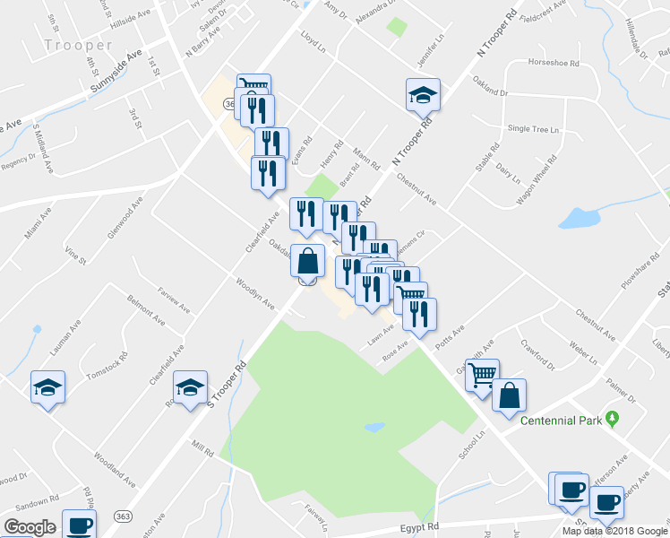 map of restaurants, bars, coffee shops, grocery stores, and more near 2540 West Main Street in Eagleville