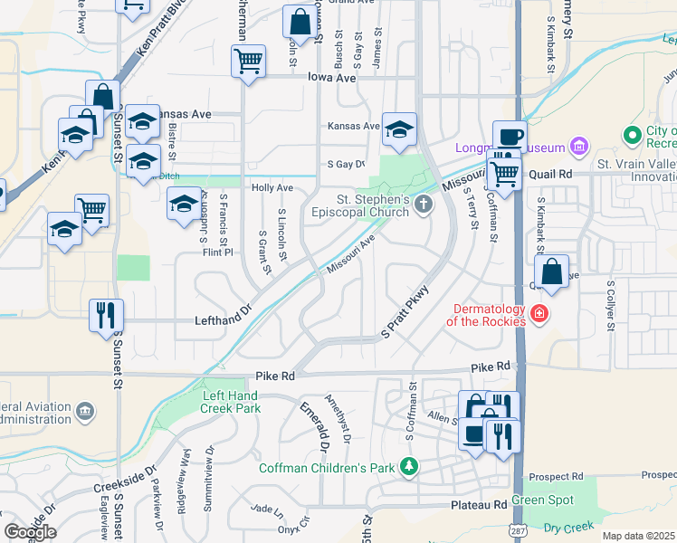 map of restaurants, bars, coffee shops, grocery stores, and more near 1225 Missouri Avenue in Longmont